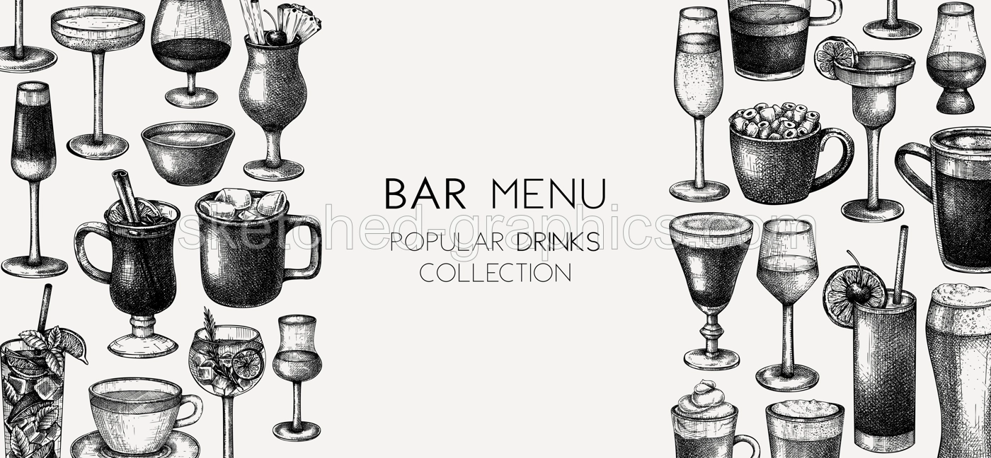Hand-sketched drinks background. Vector banner with popular beverages in elegant glasses. Popular drinks vintage hand-drawings. Bar or restaurant menu template in sketched style. Illustration